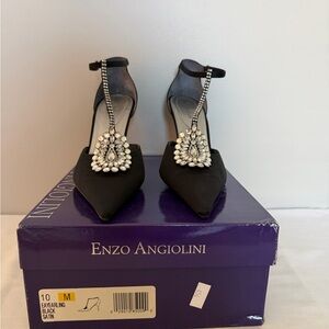 Enzo Angiolini Black Satin T-Strap Crystal Embellished Pointed Heels